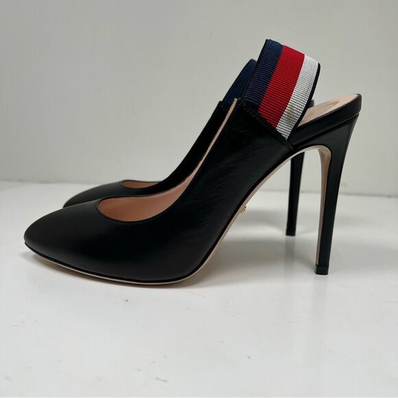 GUCCI WEB SLINGBACK BLACK LEATHER 3.25" HEELS PUMP SHOES 38.5 / US 8.5 - Picture 4 of 10